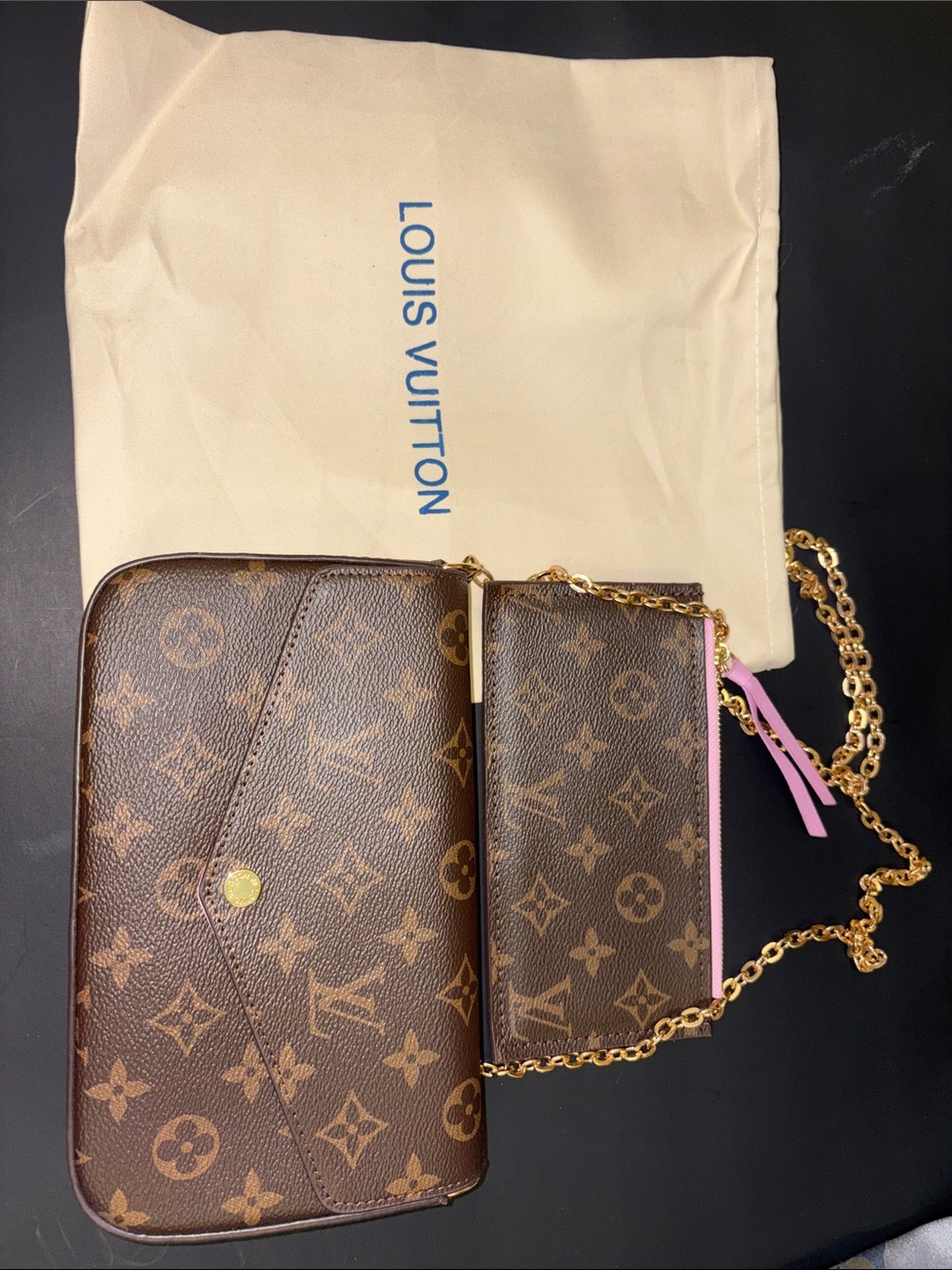 Designer Inspired Monogram Brown Crossbody with Pink-Trim Wallet and Gold Chain